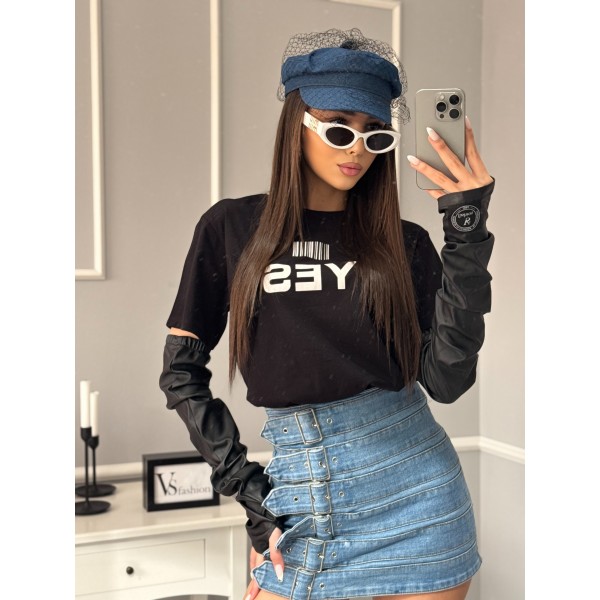 Дамска тениска с кожени ръкавици Daleyza